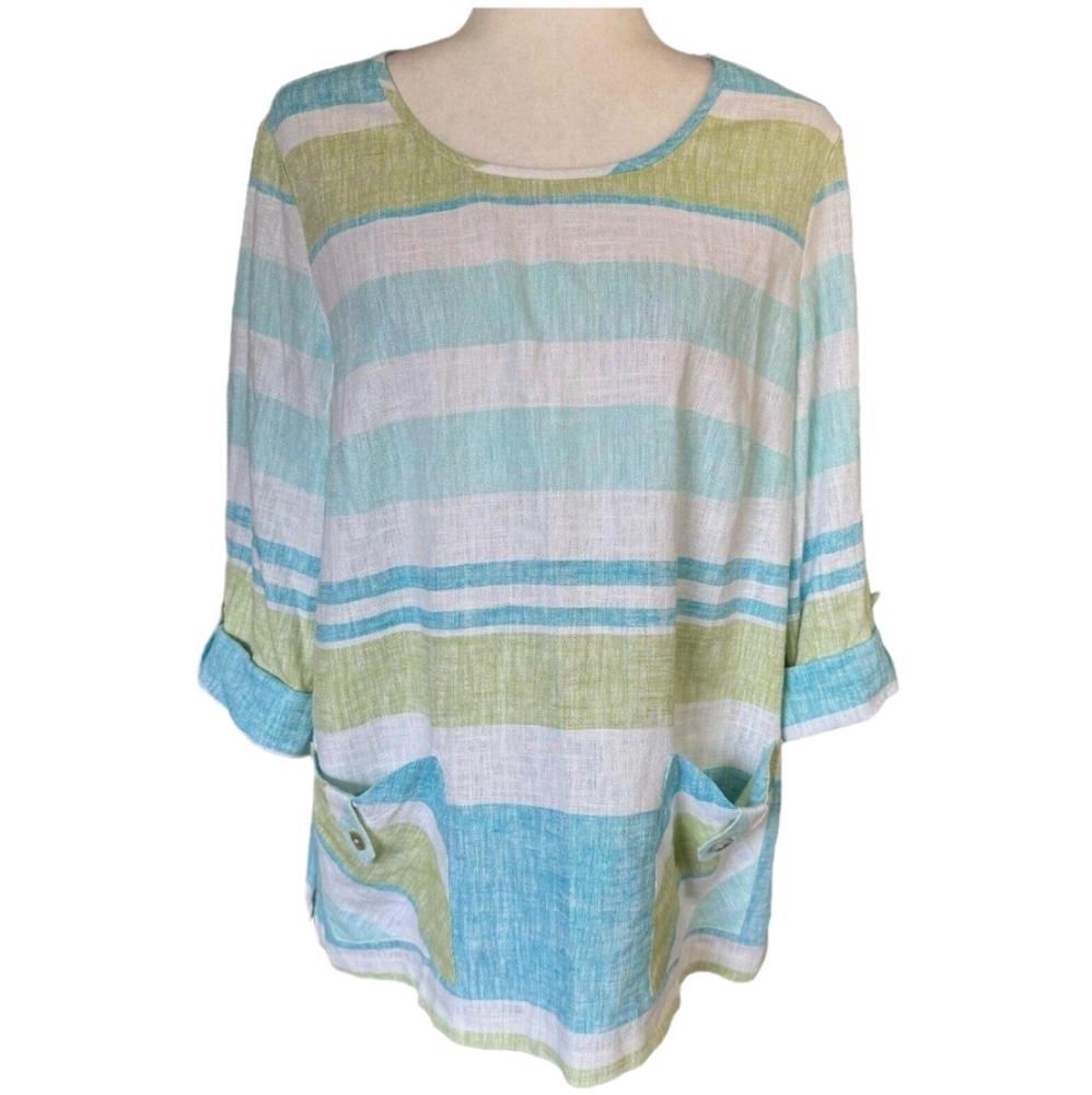 Appleseed's Petites Striped Top‎ Women's Size PS Blue Green White Linen